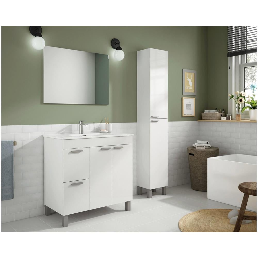 Mobile Sottolavabo Lakewood, Mobiletto Per Bagno, Armadio A 2 Ante E Due Cassetti Con Specchio, Lavabo Non Incluso, 80x45h80 Cm, Bianco Lucido - Foto 1