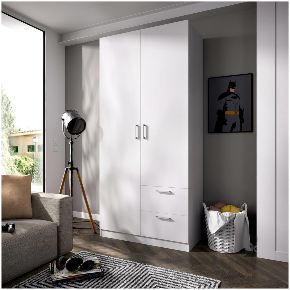 Guardaroba Velino, Mobile Appendiabiti Per Camera Da Letto, Armadio A 2 Ante Battenti E 2 Cassetti, 100x52h215 Cm, Bianco - Foto 1