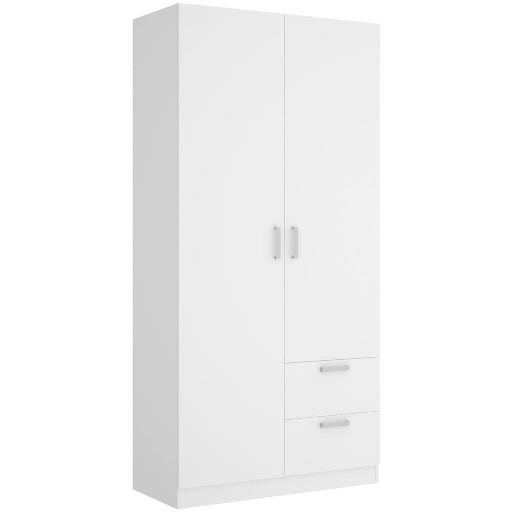 Guardaroba Velino, Mobile Appendiabiti Per Camera Da Letto, Armadio A 2 Ante Battenti E 2 Cassetti, 100x52h215 Cm, Bianco - Foto 2