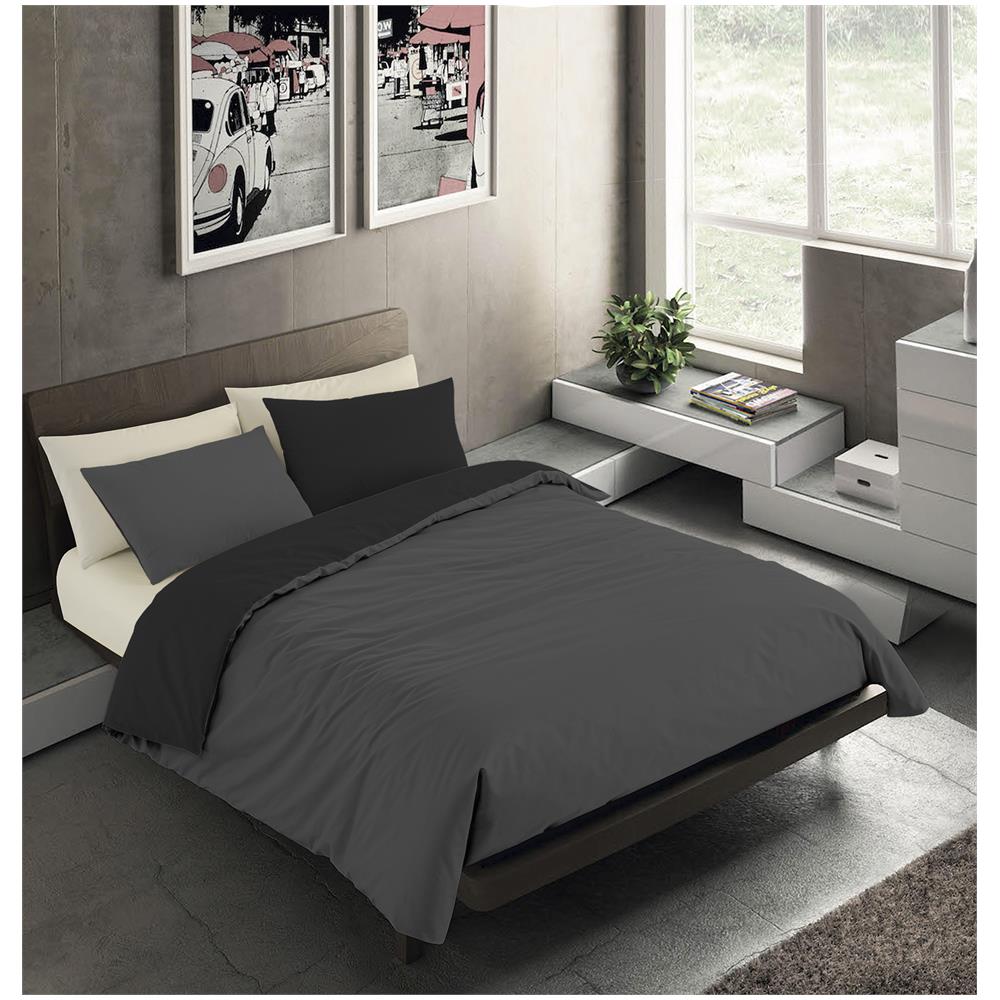 Set Copripiumino Bicolor 100% Microfibra Con Federa Double Face - Una Piazza E Mezza 200x200 Cm - Grigio Scuro / nero - Foto 1