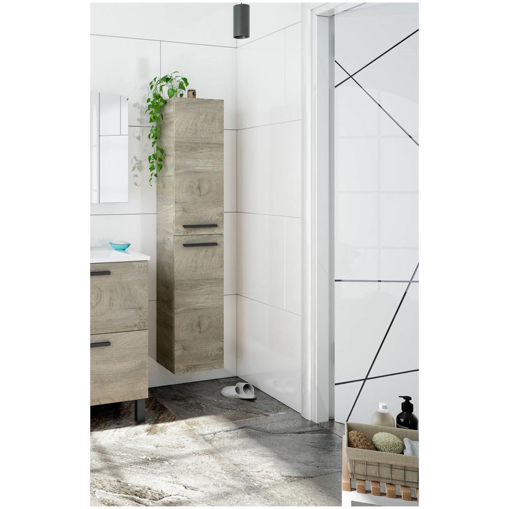 Colonna Bagno Alexandria, Mobile A Colonna Per Bagno A 2 Ante, Armadio Pensile Sospeso Con 2 Ripiani, 30x25h150 Cm, Rovere - Foto 1