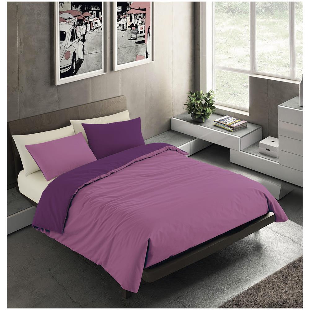 Set Copripiumino Bicolor 100% Microfibra Con Federa Double Face - Una Piazza E Mezza 200x200 Cm - Lilla / melanzana - Foto 1