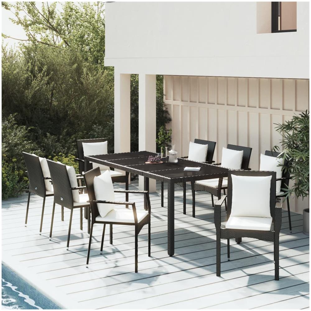 Set Da Pranzo Da Giardino 9 Pz Con Cuscini Nero In Polyrattan - Foto 1