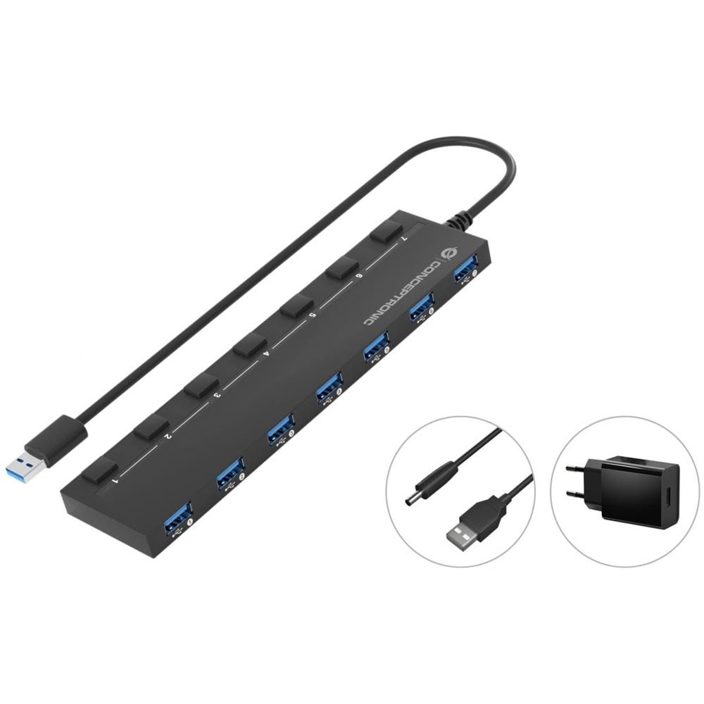 Alimentatore, cavo da 90 cm USB 3.0 a 7 porte con alimentatore, cavo da 90 cm, interruttore di alimentazione individuale, USB 3.2 Gen 1 - Foto 1
