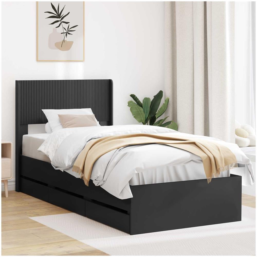 Struttura del letto con stoccaggio e testata Nero 90 x 190 cm - Foto 1