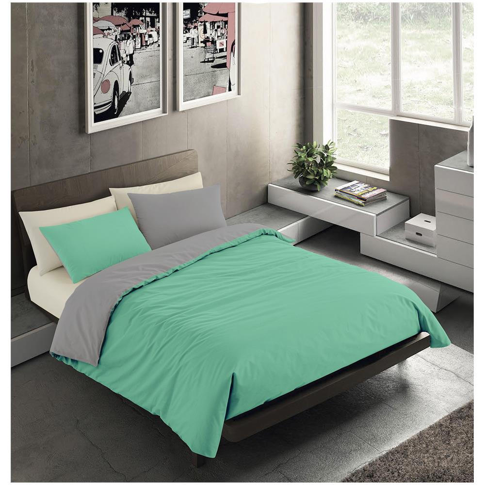 Set Copripiumino Bicolor 100% Microfibra Con Federa Double Face - Una Piazza E Mezza 200x200 Cm - Verdino / grigio Chiaro - Foto 1