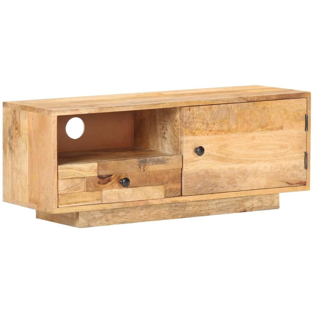 Mobile TV In Legno Massello Di Mango 105x33x46 Cm | Base Per TV Con Ripiani, Stile Naturale, Gambe In Ferro, Assemblaggio Richiesto