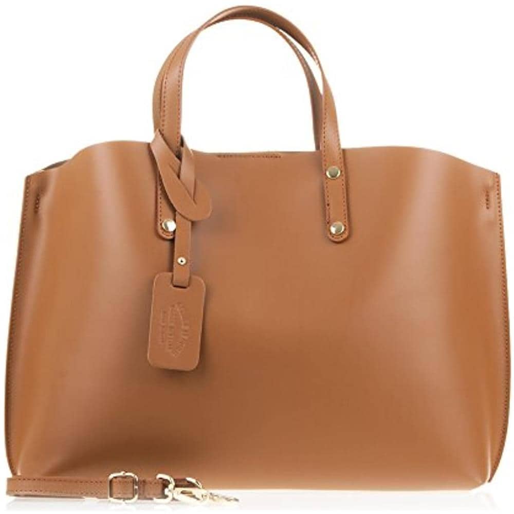 Bolso De Mujer Piel Autentica, Acabado Tamponato Forma Shopper Borsa Messenger, 40 Cm, Marrone (cuero) - Foto 1