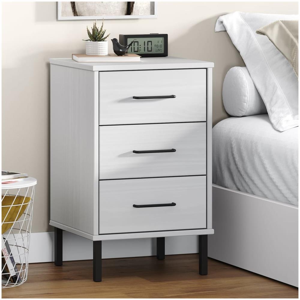 Comodino Con Gambe In Metallo Bianco Legno Massello Pino Oslo - Foto 1