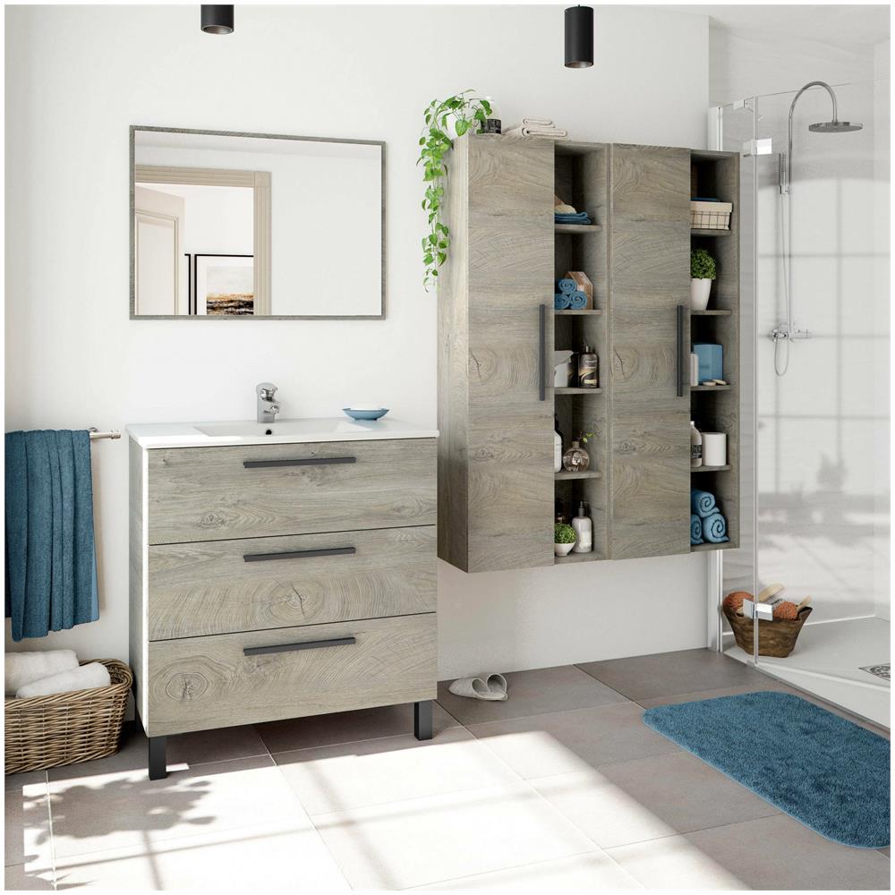 Colonna Bagno Losangeles, Mobile A Colonna Per Bagno A 1 Anta, Armadio Pensile Sospeso Con 5 Ripiani, 51x25h135 Cm, Rovere - Foto 4