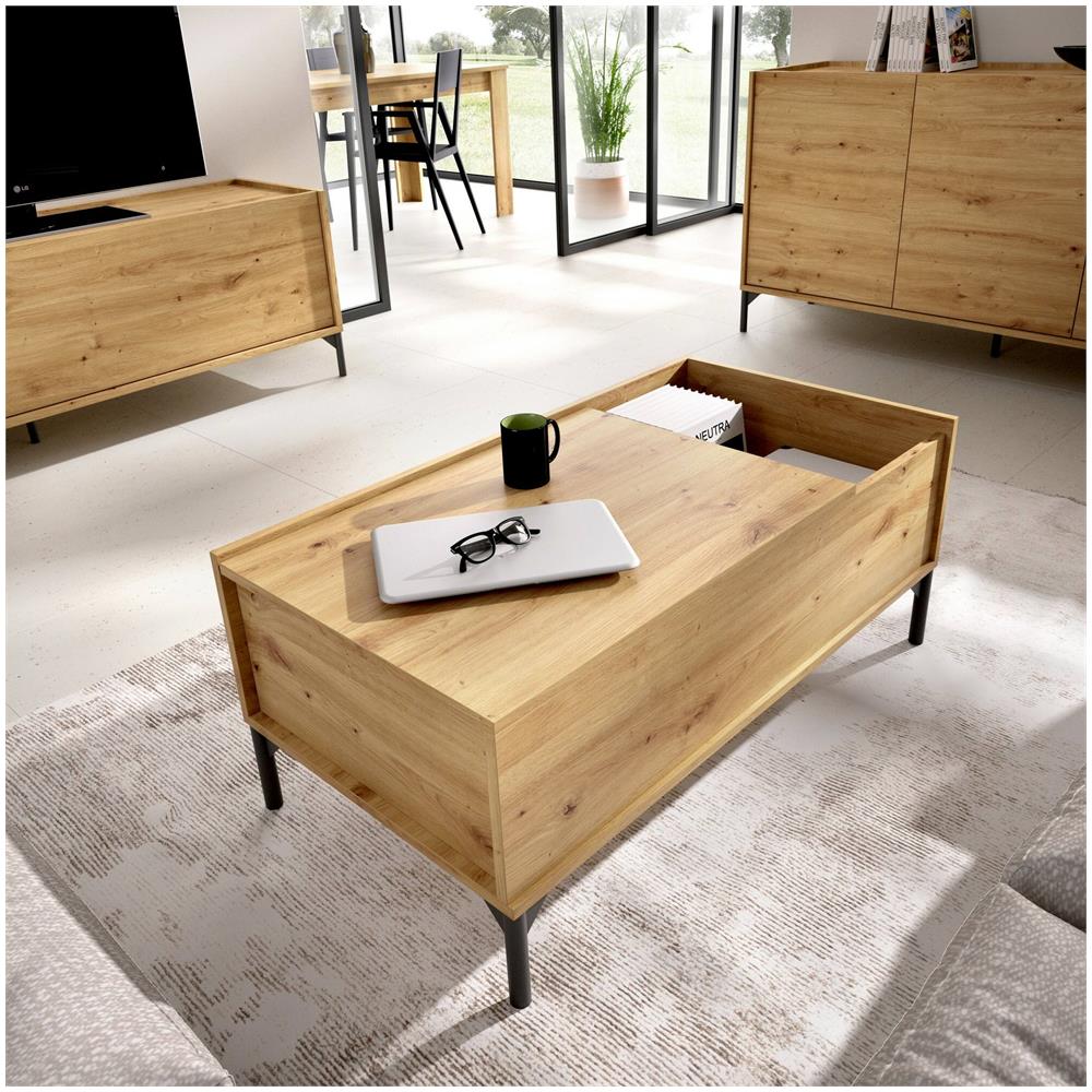 Tavolino Da Salotto Cuna, Porta Riviste Da Soggiorno Con Vano Portaoggetti, Tavolo Basso Da Caffè Elevabile, 99x60h41 Cm, Rovere Nodi - Foto 1