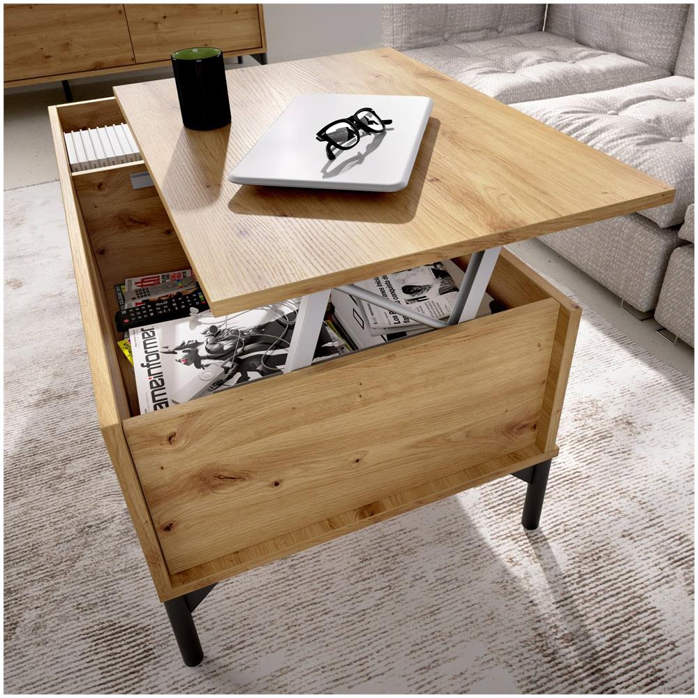 Tavolino Da Salotto Cuna, Porta Riviste Da Soggiorno Con Vano Portaoggetti, Tavolo Basso Da Caffè Elevabile, 99x60h41 Cm, Rovere Nodi - Foto 4