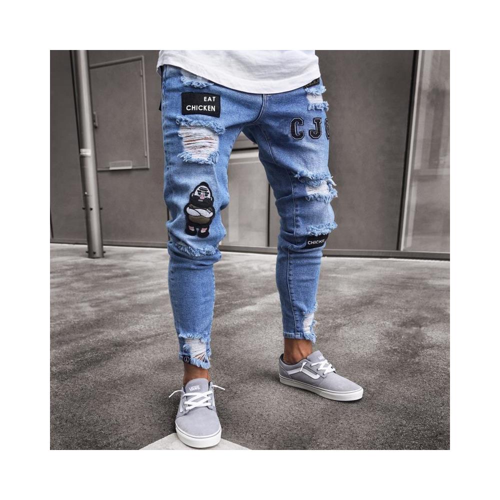 SLOWMOOSE - Jeans Da Uomo Skinny Strappati Elasticizzati Con Stampa Ricamo  Biker Jeans Strappati Slim Fit [ nero-193 / S] - ePRICE