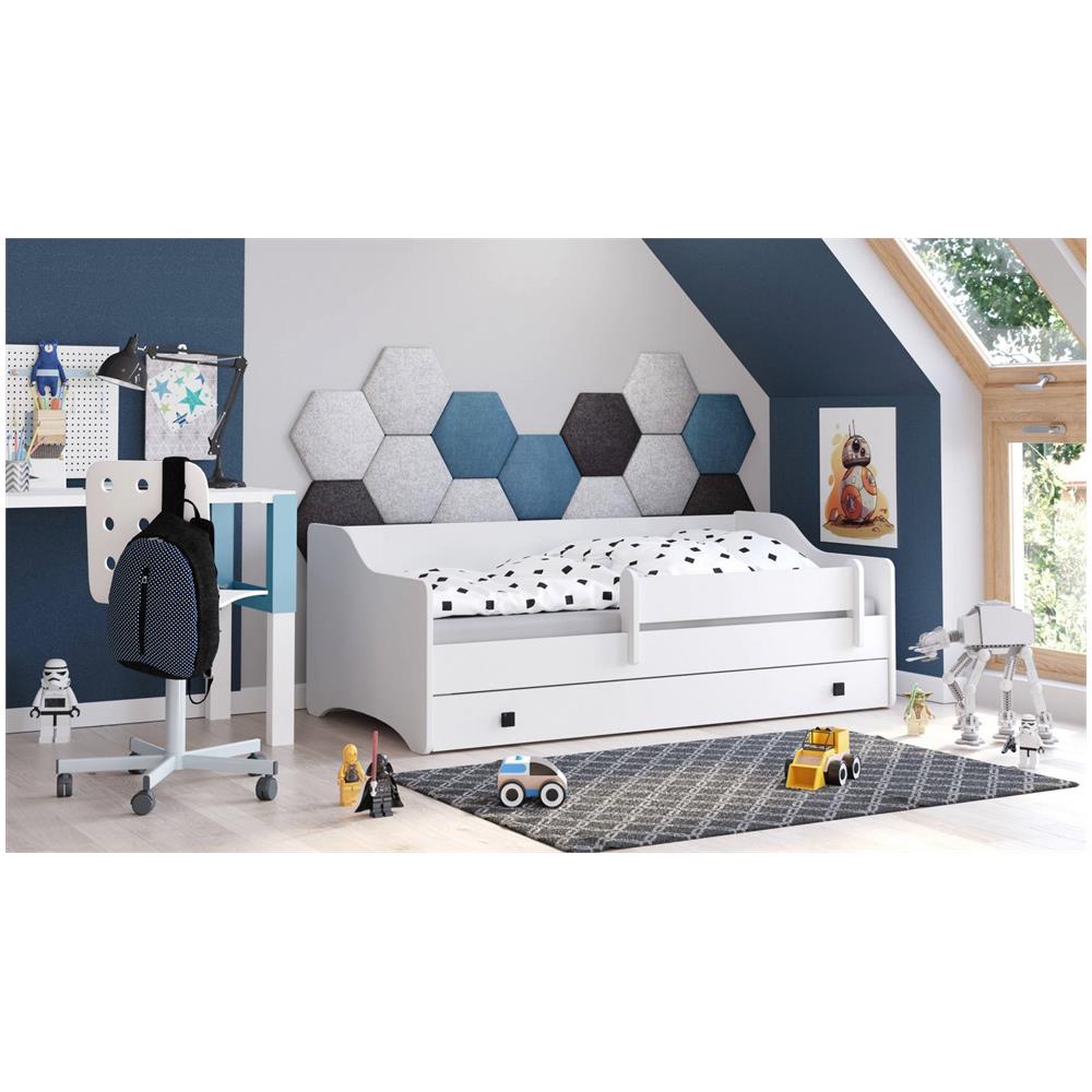 Letto Singolo Per Bambini, Lettino Con Cassettone E Protezione Anticaduta Per Cameretta, Cm 164x85h60, Colore Bianco E Nero - Foto 1