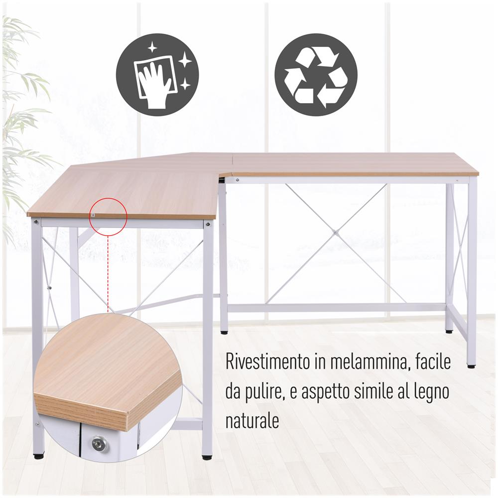 Scrivania Angolare Spaziosa In Legno E Metallo, Rovere E Bianco - Foto 2