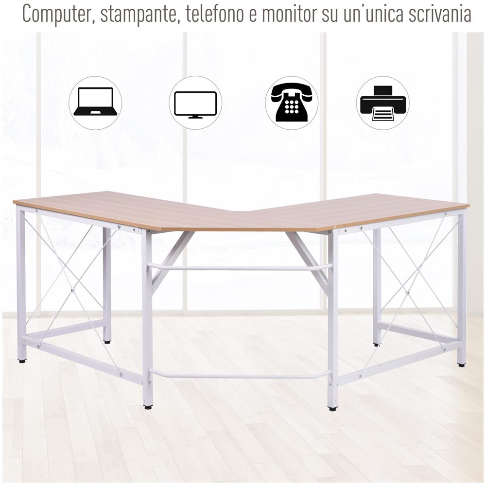 Scrivania Angolare Spaziosa In Legno E Metallo, Rovere E Bianco - Foto 8