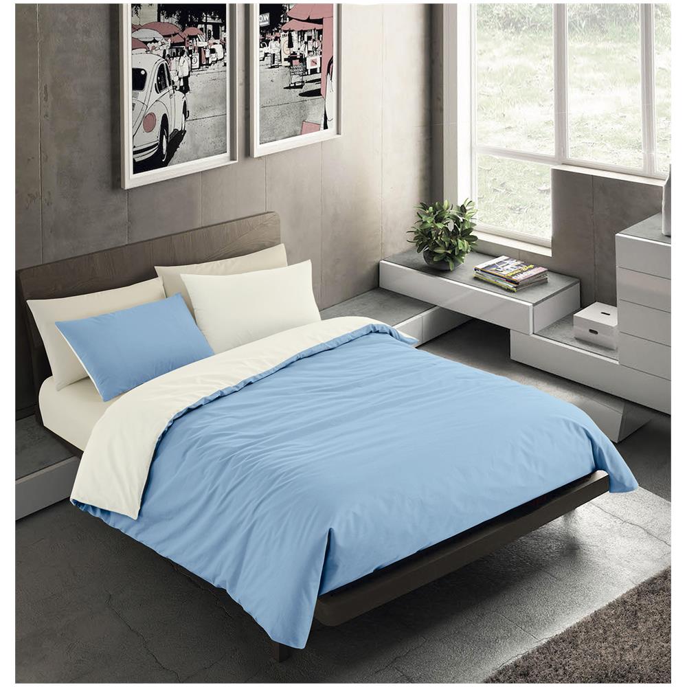Set Copripiumino Bicolor 100% Microfibra Con Federa Double Face - Singolo 150x200 Cm - Azzurro / panna - Foto 1