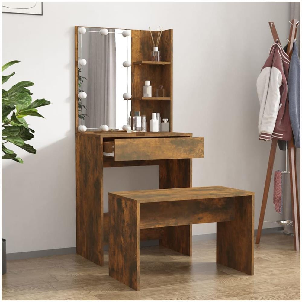 Set Tavolo Da Toeletta Con Led Rovere Fumo In Legno Multistrato - Foto 3
