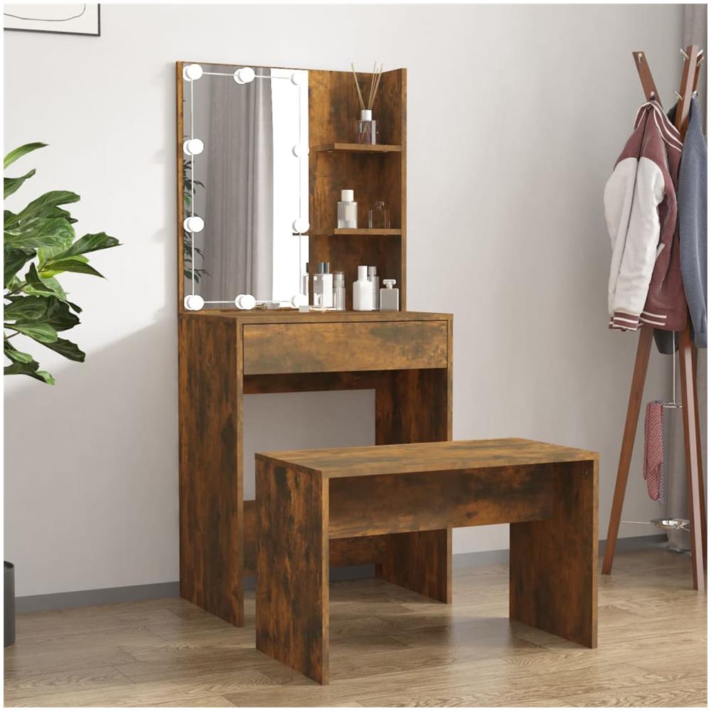 Set Tavolo Da Toeletta Con Led Rovere Fumo In Legno Multistrato - Foto 1