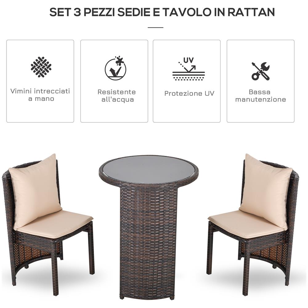 Set Tavolino E 2 Sedie Da Esterno In Pe Rattan Marrone E Beige - Foto 8