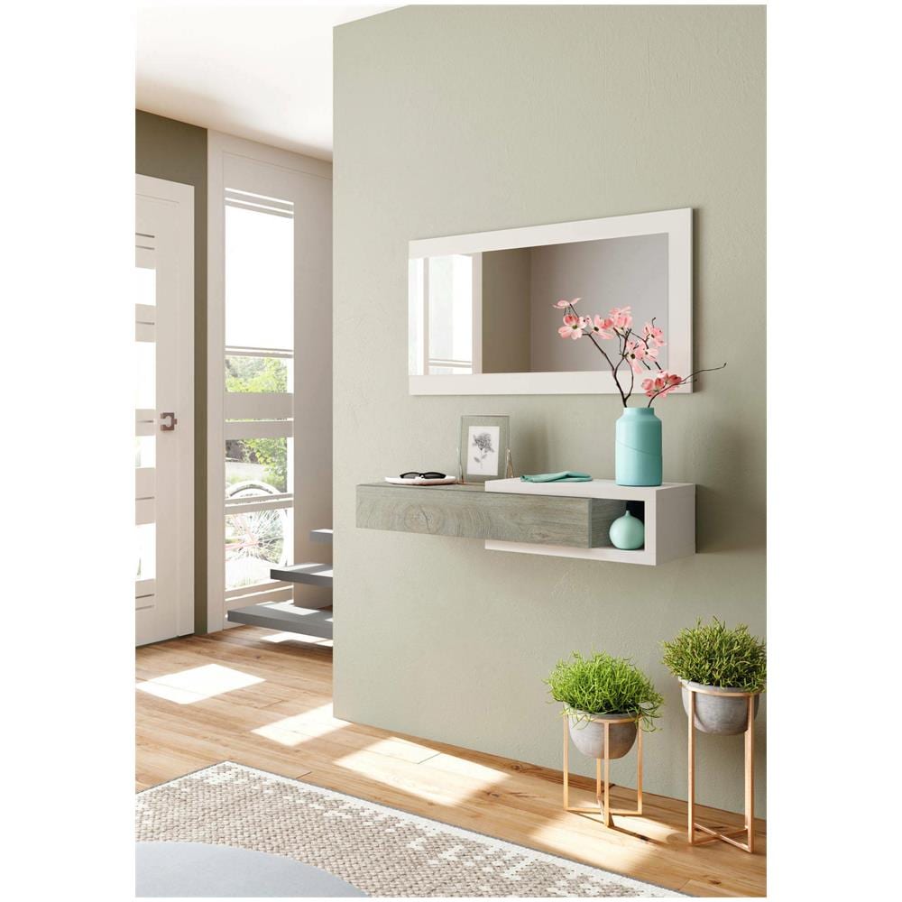Mobile Da Ingresso Mcallen, Entratina Reversibile Con Specchio, Mobile Per Atrio Con Cassetto, Svuotatasche Per Appartamenti, 95x26h69 Cm, Bianco E Rovere - Foto 1