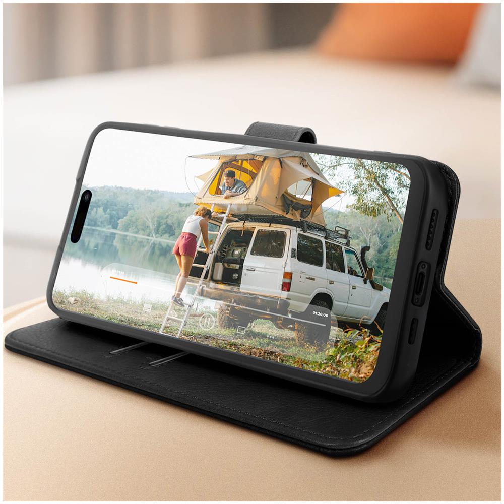 Custodia Per Iphone 15 Pro Max Copertina Portacarte Funzione Supporto Nera - Foto 2