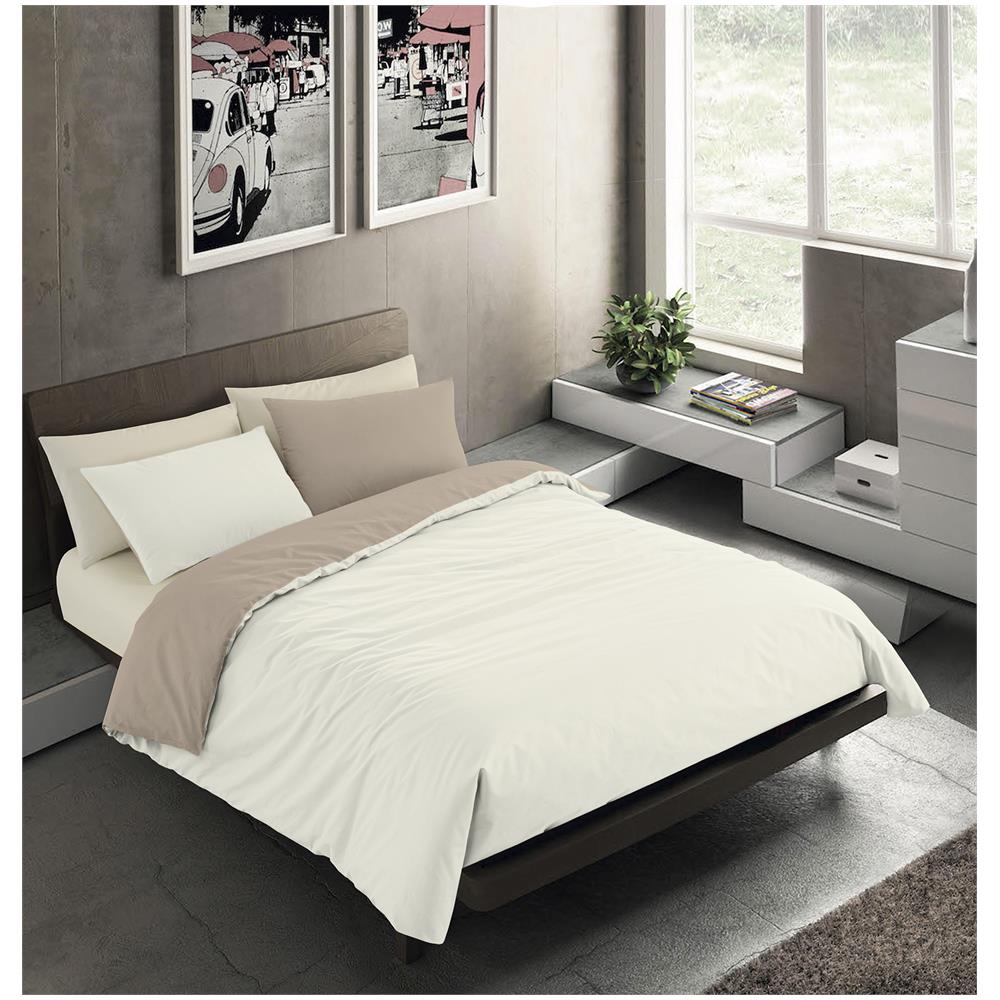 Set Copripiumino Bicolor 100% Microfibra Con Federa Double Face - Una Piazza E Mezza 200x200 Cm - Panna / sabbia - Foto 1