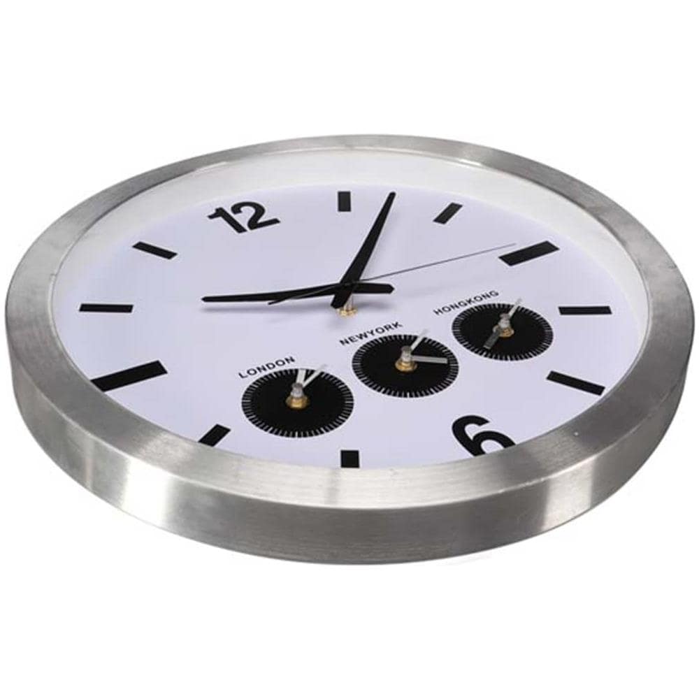 Orologio Da Parete Con 3 Fusi Orari 45,5 Cm Bianco E Argento - Foto 7
