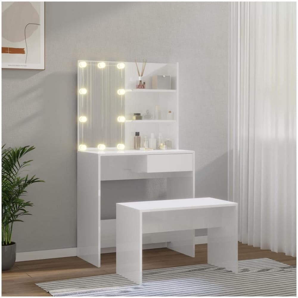 Set Tavolo Da Toeletta Bianco Lucido Con Led Legno Multistrato - Foto 3