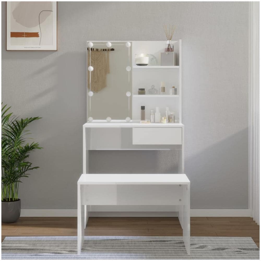 Set Tavolo Da Toeletta Bianco Lucido Con Led Legno Multistrato - Foto 1