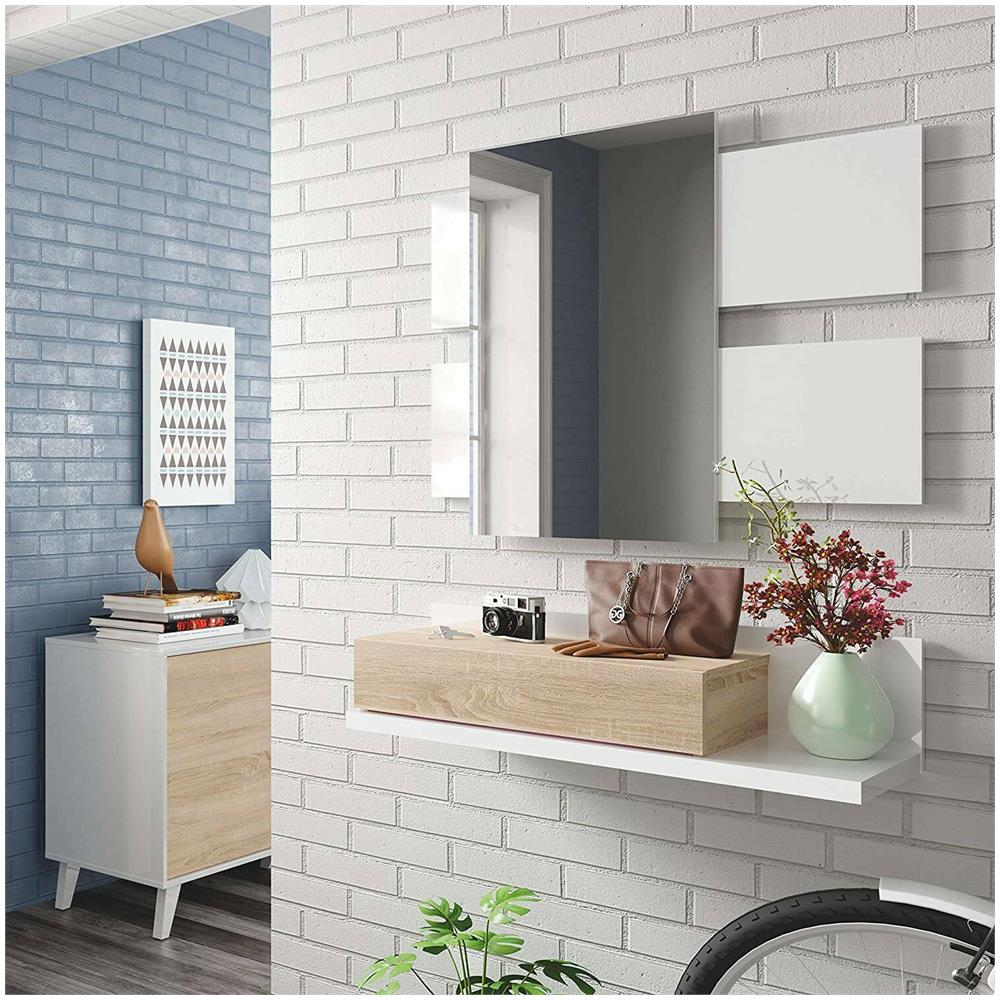 Mobile Da Ingresso Erie, Entratina Sospesa Con Specchio, Mobile Con Cassetto Per Entrata, 75x29h90 Cm, Bianco Lucido E Noce - Foto 1