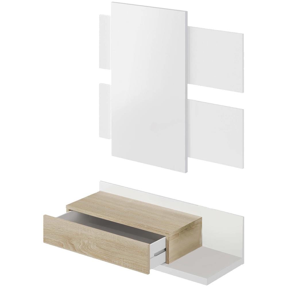Mobile Da Ingresso Erie, Entratina Sospesa Con Specchio, Mobile Con Cassetto Per Entrata, 75x29h90 Cm, Bianco Lucido E Noce - Foto 2