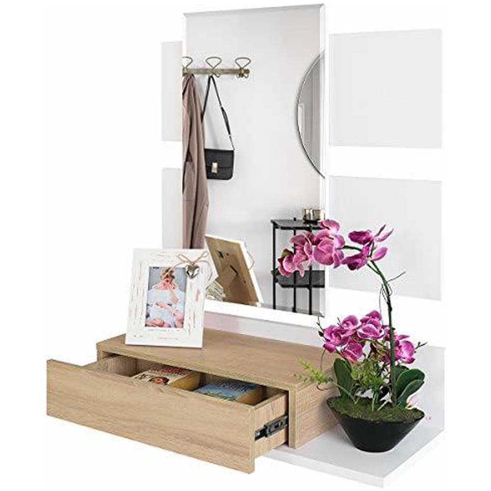 Mobile Da Ingresso Erie, Entratina Sospesa Con Specchio, Mobile Con Cassetto Per Entrata, 75x29h90 Cm, Bianco Lucido E Noce - Foto 4