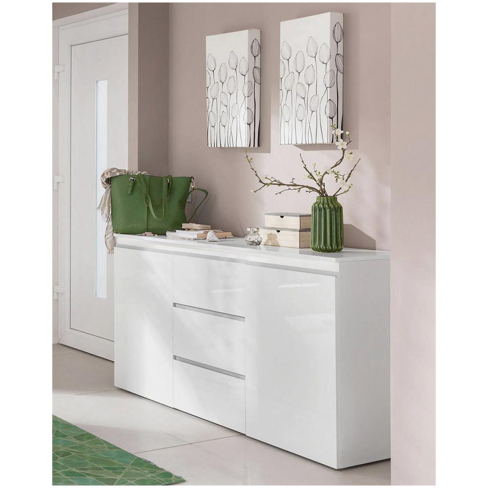 Credenza Daniel, Madia Di Design A 2 Ante 3 Cassetti, Buffet Da Soggiorno, Madia Da Cucina, 100% Made In Italy, Cm 150x40h81, Bianco Lucido - Foto 1