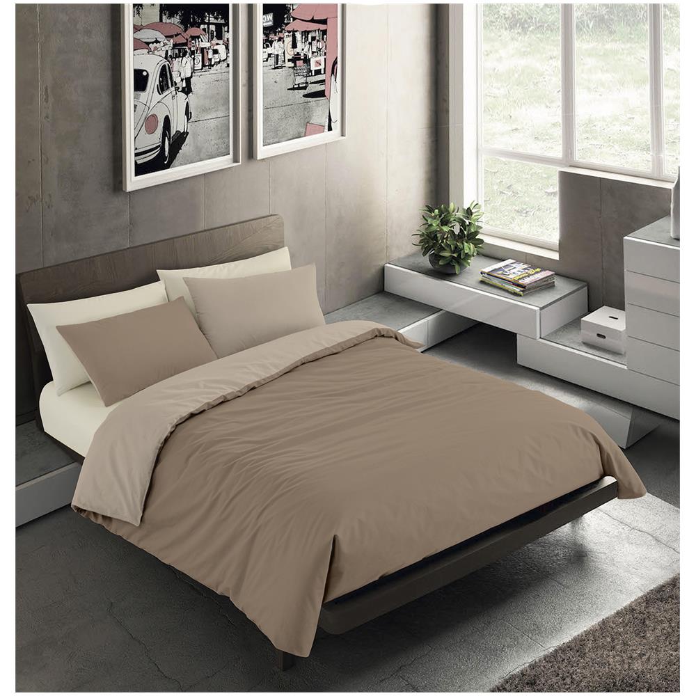 Set Copripiumino Bicolor 100% Microfibra Con Federa Double Face - Una Piazza E Mezza 200x200 Cm - Corda / sabbia - Foto 1