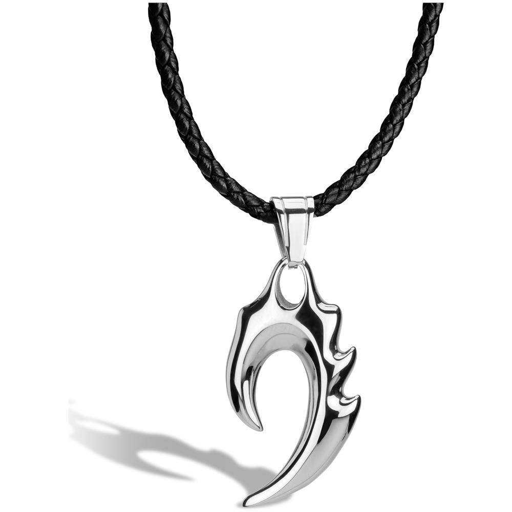 Collana da Uomo in Pelle, ""Flame"", 60cm, Argento - Foto 1