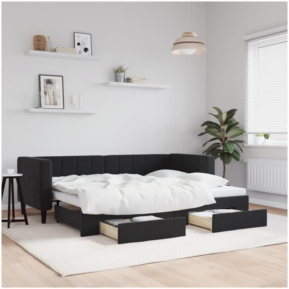 Divano Letto Estraibile Con Cassetti Nero 80x200 Cm In Velluto - Foto 1