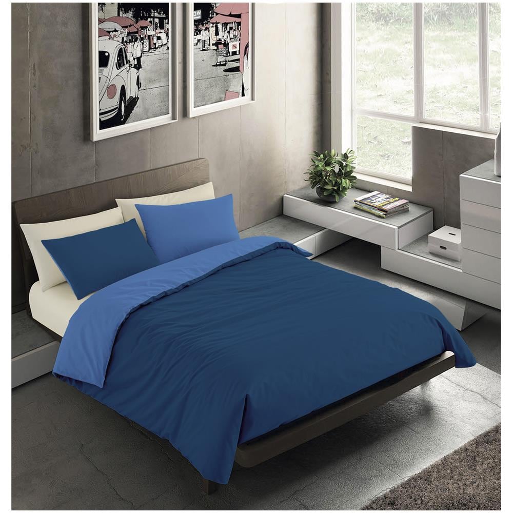 Set Copripiumino Bicolor 100% Microfibra Con Federa Double Face - Una Piazza E Mezza 200x200 Cm - Blu / avio - Foto 1