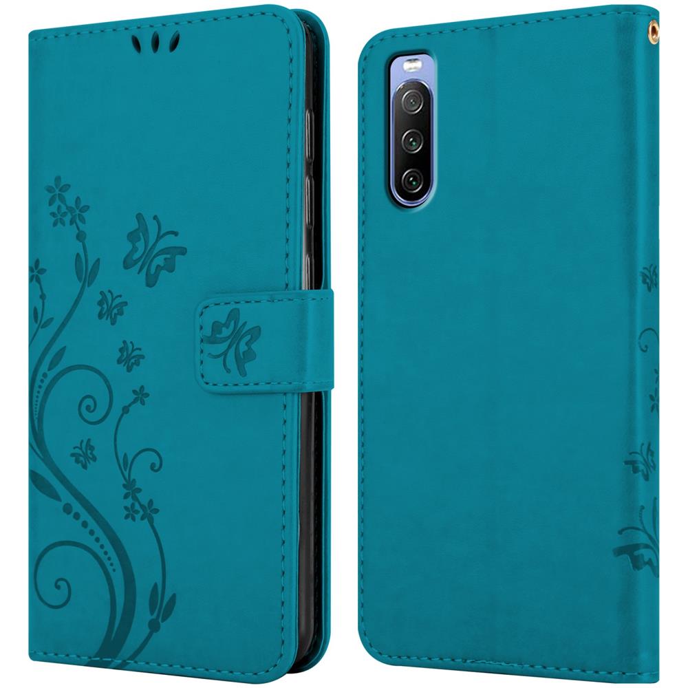 Custodia Compatibile Con Sony Xperia 10 Iii In Blu Fiore - Coperchio Protettivo In Design Floreale Con Chiusura Magnetica, Funzione Stand E Slot Per Carte - Foto 8