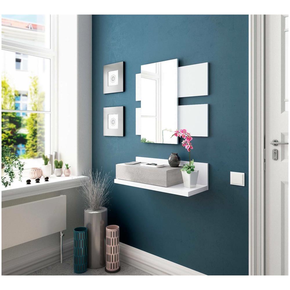 Mobile Da Ingresso Erie, Entratina Sospesa Con Specchio, Mobile Con Cassetto Per Entrata, 75x29h90 Cm, Bianco E Cemento - Foto 1