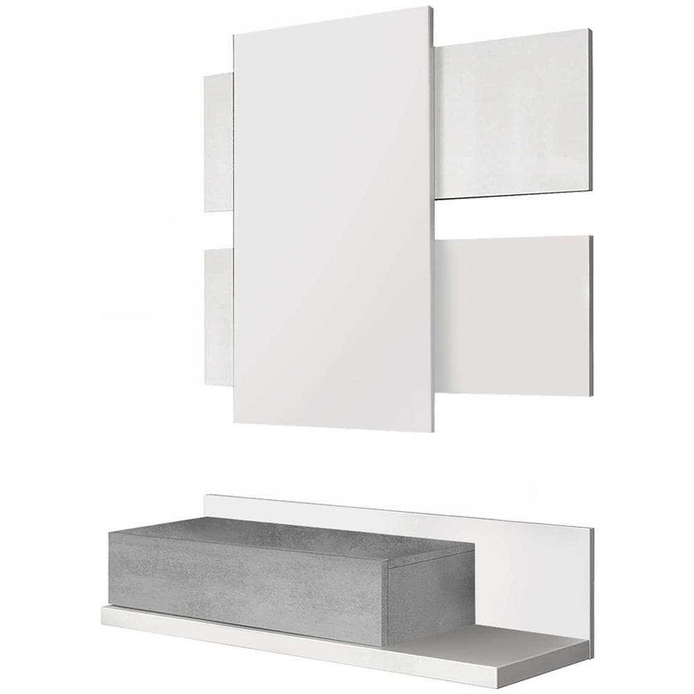 Mobile Da Ingresso Erie, Entratina Sospesa Con Specchio, Mobile Con Cassetto Per Entrata, 75x29h90 Cm, Bianco E Cemento - Foto 2