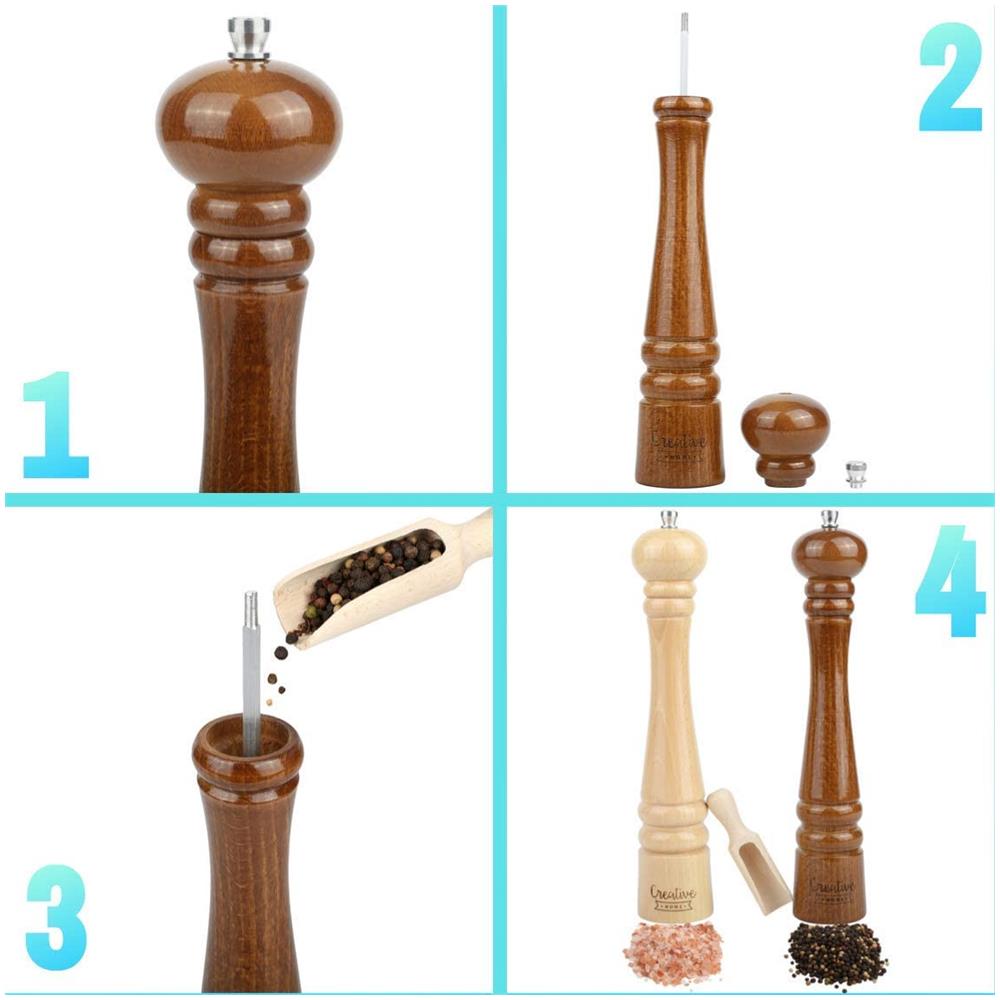 Grande Macina Sale E Pepe In Legno | Set Di 2 Macinini Con Mini Paletta Di Legno | 31,5 Cm Altezza | Legno Di Faggio Naturale | Meccanismo Di Frantumazione Manuale - Foto 2
