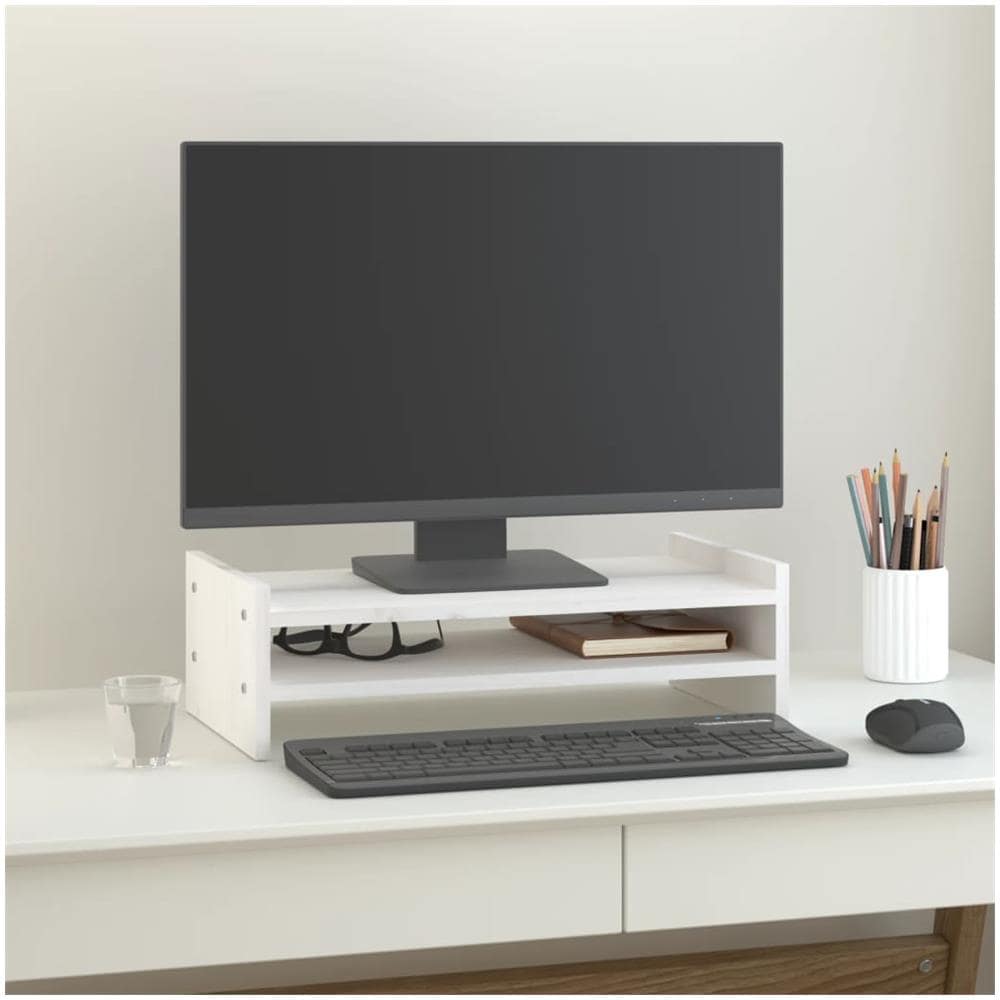 Supporto Per Monitor Bianco 50x27x15 Cm Legno Massello Di Pino - Foto 1