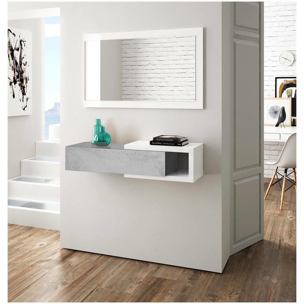 Mobile Da Ingresso Mcallen, Entratina Reversibile Con Specchio, Mobile Per Atrio Con Cassetto, Svuotatasche Per Appartamenti, 95x26h69 Cm, Bianco E Cemento - Foto 1