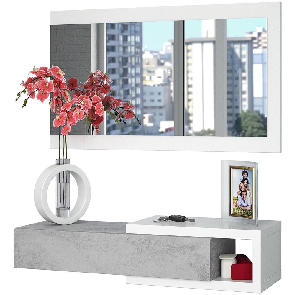 Mobile Da Ingresso Mcallen, Entratina Reversibile Con Specchio, Mobile Per Atrio Con Cassetto, Svuotatasche Per Appartamenti, 95x26h69 Cm, Bianco E Cemento - Foto 4