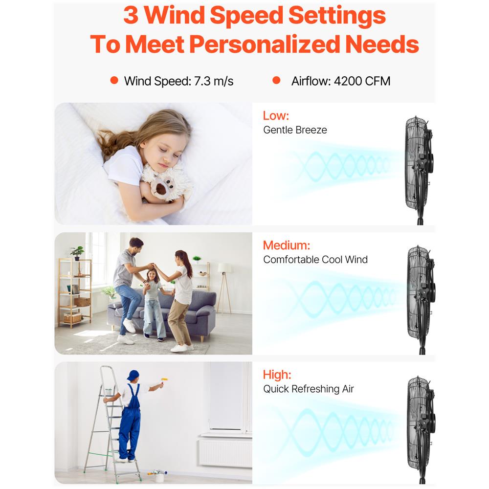 Ventilatore Da Pavimento, Ventilatore Angolo Regolabile Manuale Da 18 Pollici Flusso Dearia 110w 3 Velocita Regolabili, Per Camera Da Letto, Soggiorno, Casa, Ufficio, Nero - Foto 2
