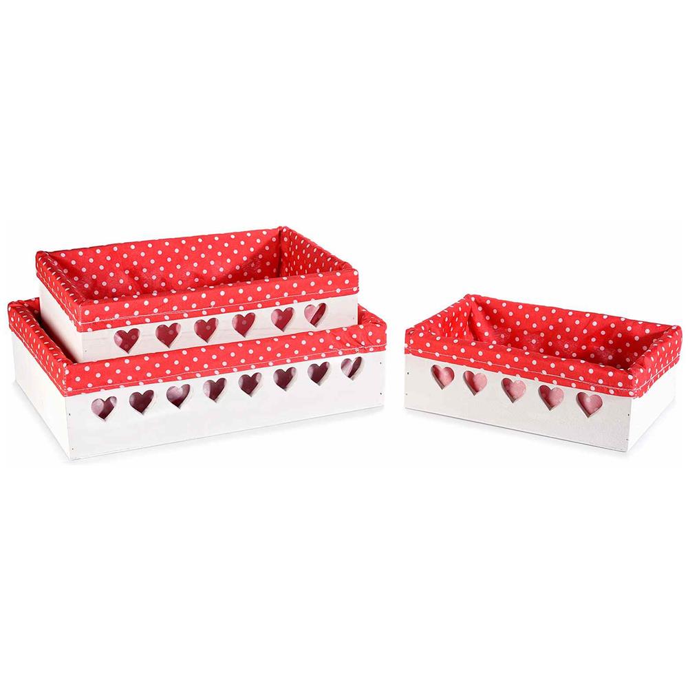 Cestini Natalizi In Legno Bianco Con Cuori E Fodera Rossa A Pois Set Da Tre Pezzi - Foto 1