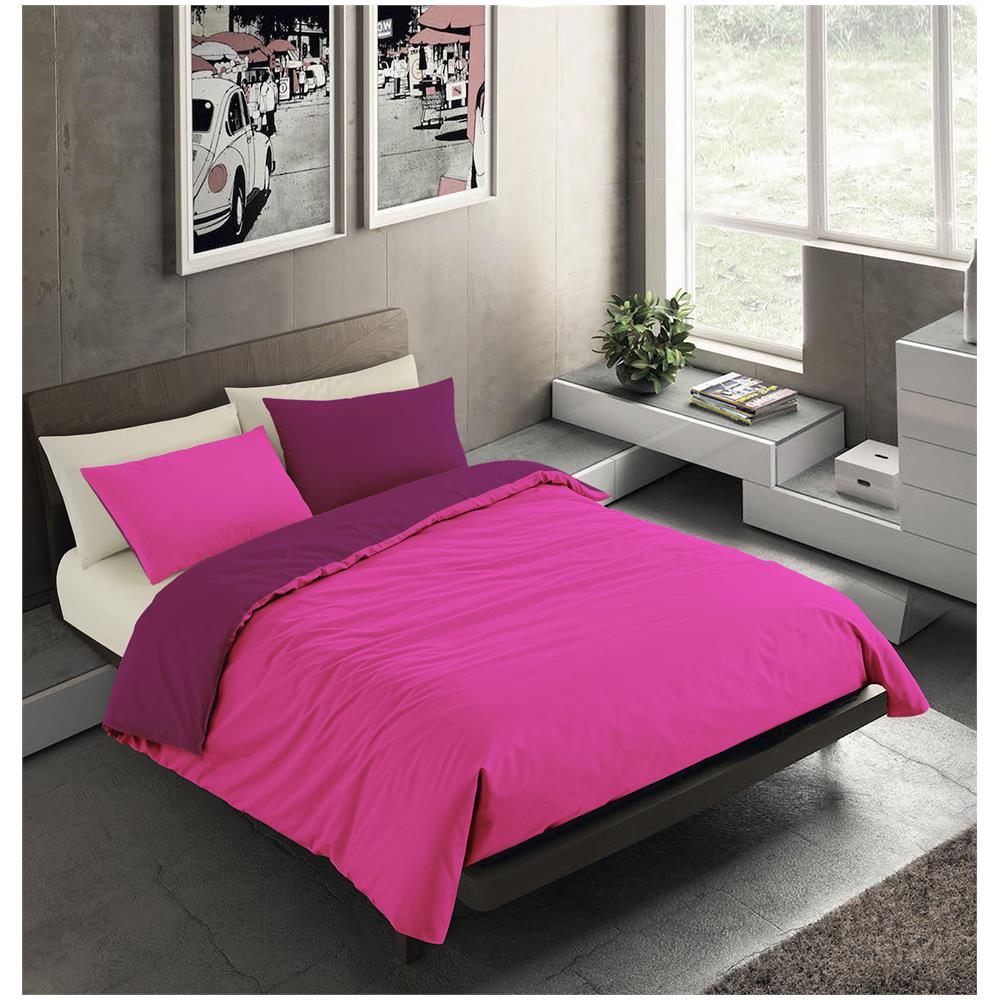 Set Copripiumino Bicolor 100% Microfibra Con Federa Double Face - Singolo 150x200 Cm - Fuxia / mora - Foto 1