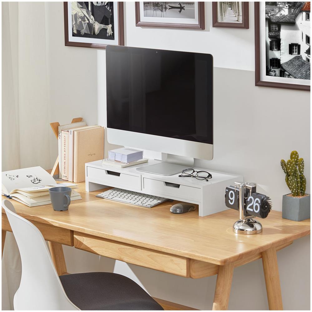 Supporto Monitor Pc Da Scrivania Per 2 Monitors Angoli Girevole Con 2 Organizzatore Cassetti Supporto Per Monitor Di Bambù Bianco Bbf04-w - Foto 5