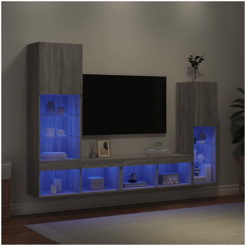 Mobili TV a Muro con LED 4pz Grigio Sonoma in Legno Multistrato - Foto 2